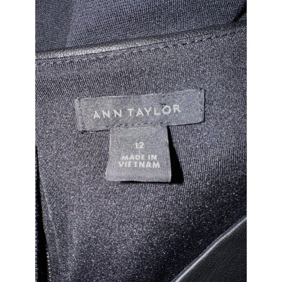 Ann Taylor Black Faux-Leather Short Sleeves Ponte Knit Shift Dress Size 12 - Picture 6 of 7